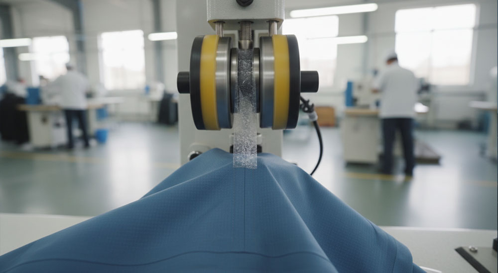 Seam taping machine in hardshell jacket factory