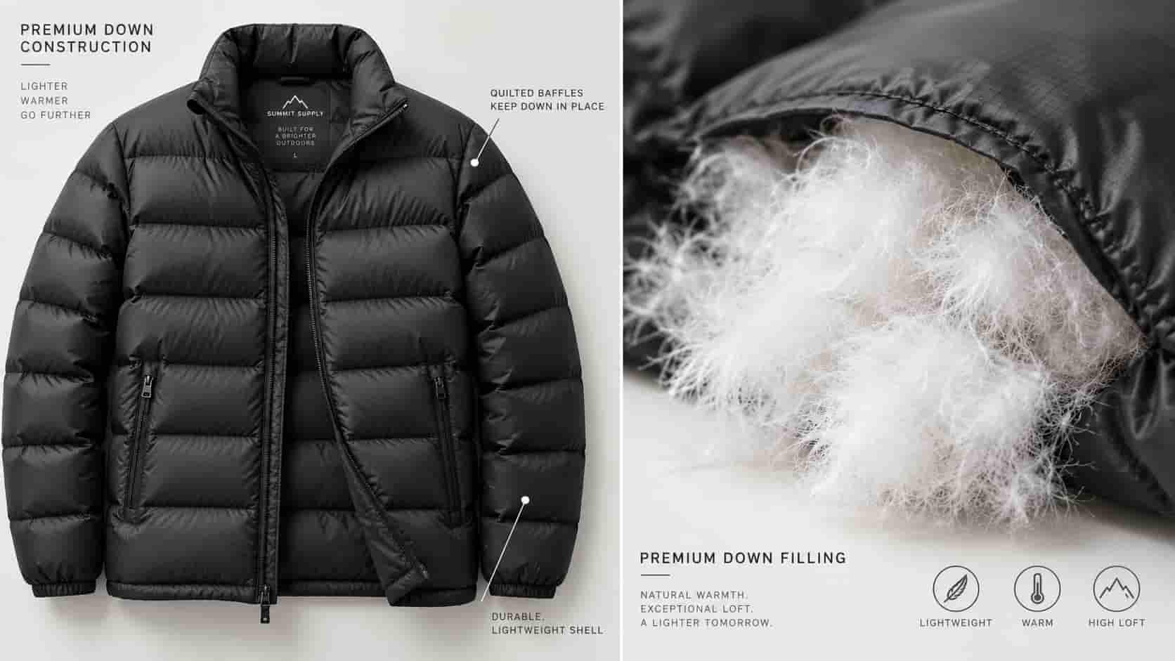 Comparison of puffer jacket quilted construction and down insulation filling Comparison of puffer jacket quilted construction and down insulation filling