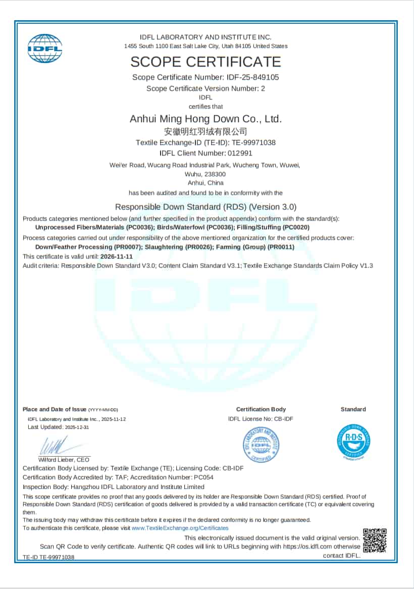 RDS certification documentation for responsible down sourcing