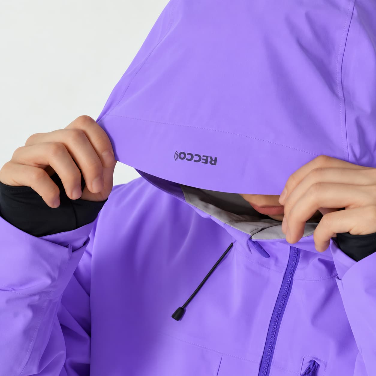Ski suit hood tested over a ski helmet during sampling Ski suit hood tested over a ski helmet during sampling